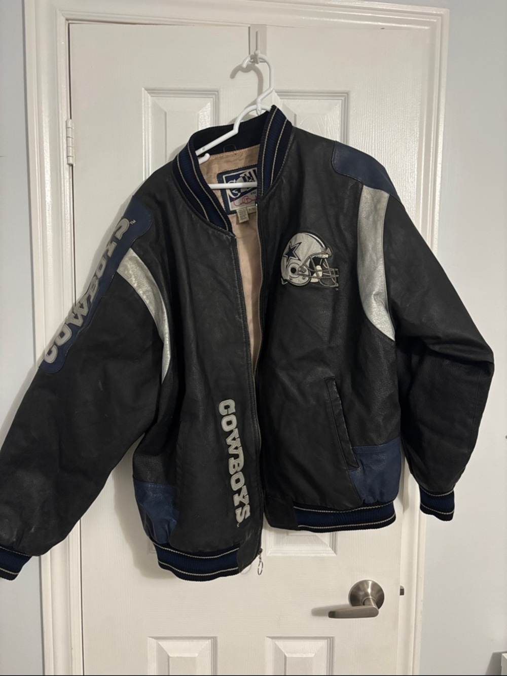 Dallas Cowboys Black Leather Bomber Jacket with Silver Accents